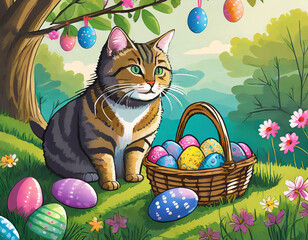 Katze im Garten mit Osterkorb und bunten Eiern 