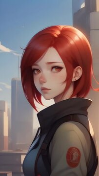 A girl with red hair and amber eyes, wearing a jacket with a badge, against a soft-focus cityscape backdrop. Vertical video.