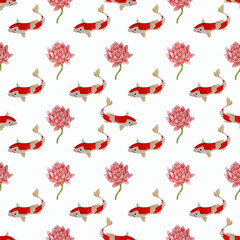 Fototapeta premium Watercolor summer pattern with lotus flowers and carp fish