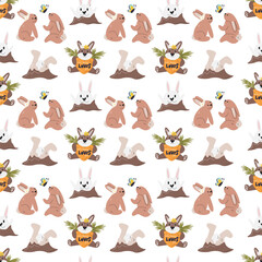 Obraz premium Festive paper background. Easter seamless pattern isolated on white. Various bunnies character design. Cute personage concept. Traditional symbol. Nursery animal hand drawn flat vector illustration