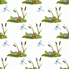Watercolor summer pattern with frog, reeds, dragonflies