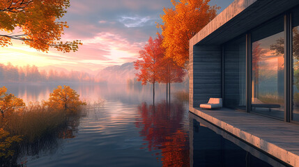 A lakeside cabin with a minimalist design, featuring large, pivoting windows that capture the changing colors of the water and sky.  - obrazy, fototapety, plakaty