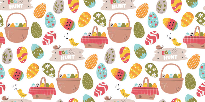 Traditional Easter game egg hunt. Festive pretty seamless pattern isolated. Colorful backdrop design. Wrapping gift paper concept with baskets and eggs. Horizontal hand drawn flat vector illustration