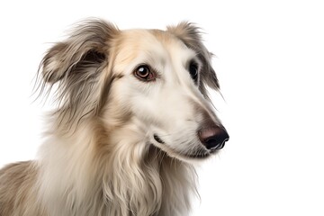 Fototapeta premium a Borzoi dog is sitting on a white background, in the style of ivory, large canvas format, canon af35m, 32k uhd, white and azure