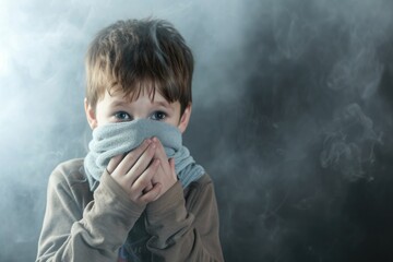 A boy covers his face with a handkerchief to escape the smoke in the room. - obrazy, fototapety, plakaty