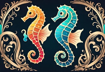 only one beautiful Gradient ornamental seahorse logo design vector on dark background