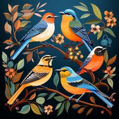 Fototapeta premium Colorful birds perched in lush foliage and floral paradise, digital art-illustration