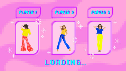 Modern aesthetic artwork. Three young ladies in fashion and glamour outfits looks as game...