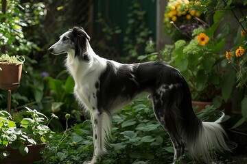 Borzoi black and white dog standing outside in a garden, in the style of ethereal quality, delicate markings