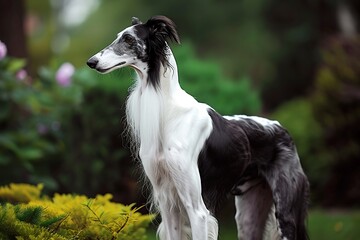 Obraz na płótnie Canvas Borzoi black and white dog standing outside in a garden, in the style of ethereal quality, delicate markings