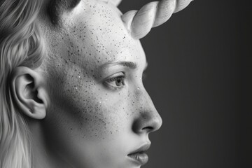 The unicorn woman. A white close-up portrait in profile with a detailed image of a horn and glitter on the face