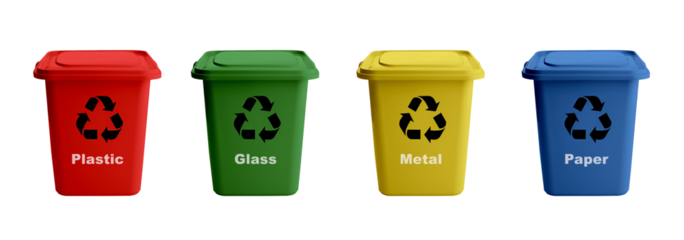 Four colorful recycle bins isolated on white transparent background. Plastic, Glass, Metal and Paper recycling