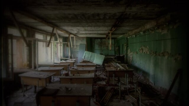 Old Abandoned School Vintage Film Texture Classroom Ruin Zoom Out. Abandoned school classroom with derelict chairs piled up, zoom out. Old film texture