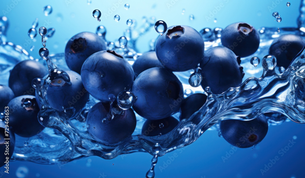Wall mural blueberries with water splashing on blue background. organic food in water bubbles, wash fruits. gen - Wall murals