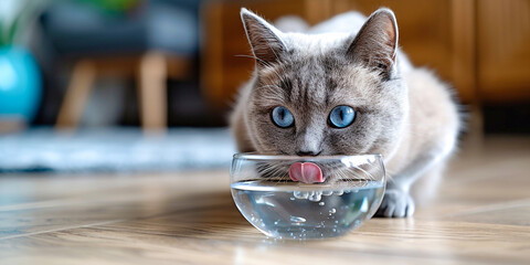 A gray cat with blue eyes sits on a wooden floor next to a glass bowl and drinks water. Beautiful...