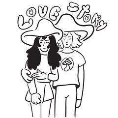 lovers on a date. couple love story.people in lines doodle style.template for poster invitation sticker logo website design