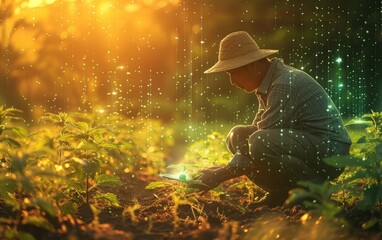 A farmer in a hat examining crops at sunrise