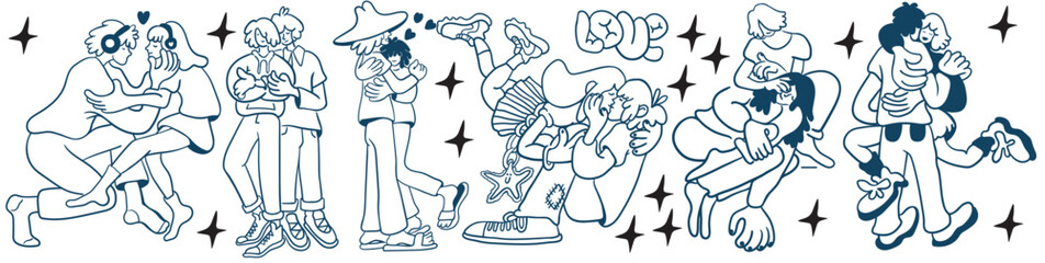 set of lovers on a date. couple hugging and kissing.people in lines doodle style.template for poster invitation sticker logo website design