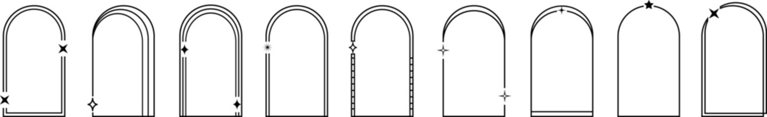 Modern arch frames collection. Trendy boho style border. Black aesthetic geometric arch elements .Retro futuristic art border for social media. Geometric linear frames