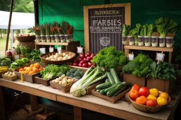 Fresh, Healthy Produce at Farmers Market Stall: Vibrant Green Vegetables, Ripe Fruits, and Nutritious Carrots on Sale