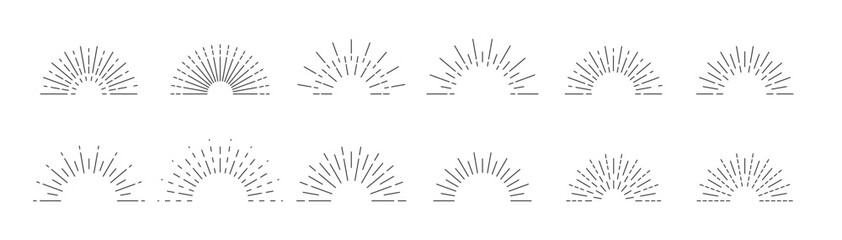 Sun rays linear drawing isolated. Vintage sunburst set. Geometric design elements PNG.