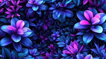 Vibrant Blue and Purple Flowers and Leaves with Neon Glow in a Seamless Pattern
