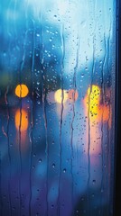 Raindrops on Window with Blurred City Lights in Background