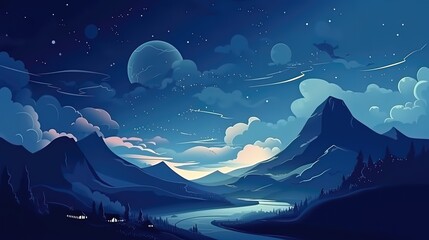 Fototapeta premium Lowfi style background of otherwordly landscape with mountains and clouds.