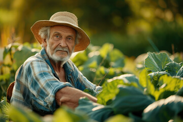 Naklejka na ściany i meble senior male farmer harvesting fresh vegetables on a organic vegetable farm, concept of healthy food