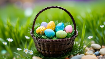 Fototapeta na wymiar Easter eggs in a basket, Generative AI