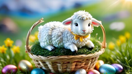 Easter basket with easter eggs and lamb, Generative AI