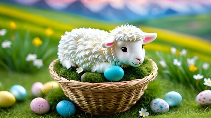 Easter basket with easter eggs and bunny, Generative AI