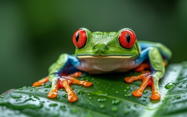 Naklejka premium Vibrant Red-Eyed Frog on Green Leaf