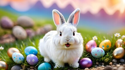 Easter bunny and easter eggs, Generative AI