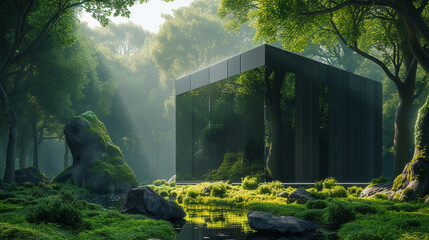 A sleek, charcoal-gray cube nestled amidst a lush forest, its reflective glass walls mirroring the surrounding trees. 