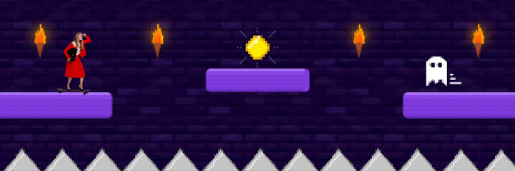 Contemporary art collage. Young business lady on skateboard looks into the distance to understand how to jump onto platform with coin and win in video game. Concept of gaming culture, business.