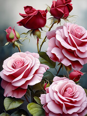Picture, pink roses with buds on a branch