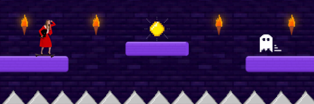 Contemporary art collage. Young business lady on skateboard looks into the distance to understand how to jump onto platform with coin and win in video game. Concept of gaming culture, business. - Powered by Adobe