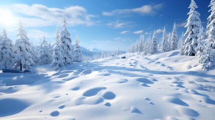 A breathtaking winter landscape captured in the quiet embrace of snow-clad mountains and frost-covered trees 