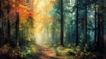 Enchanting wild forest path with watercolor effect. Wall art wallpaper