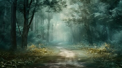 Obraz premium Enchanting wild forest path with watercolor effect. Wall art wallpaper