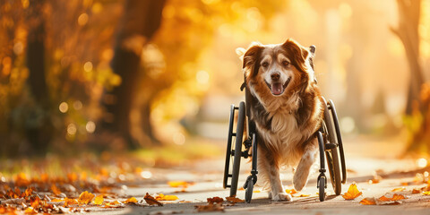 Adult dog with disability in Wheelchair Enjoying Autumn Park. Disabled puppy in a specialized wheelchair walking in a park during autumn.