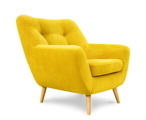 Comfortable armchair with wooden feet isolated on white background.