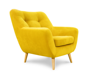 Comfortable armchair with wooden feet isolated on white background.