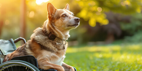 Adult dog with disability in Wheelchair Enjoying Autumn Park. Disabled puppy in a specialized wheelchair walking in a park during autumn.