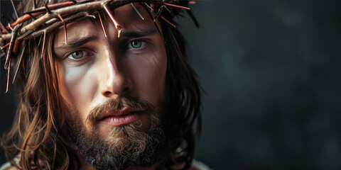 Close-up of a Man Portraying Jesus Christ with Crown of Thorns, copy space. Man with a crown of thorns with vivid blood trails.