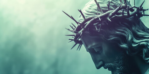 Close-up of a Man Portraying Jesus Christ with Crown of Thorns, copy space. Man with a crown of thorns with vivid blood trails. - obrazy, fototapety, plakaty