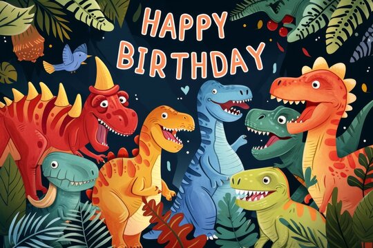 Happy Birthday with a large group of cartoon dinosaurs on blue background Generative AI