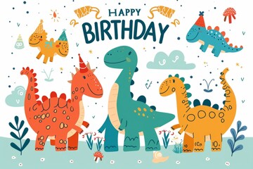 Obraz na płótnie Canvas Happy Birthday with cute cartoon dinosaurs Generative AI