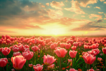 tulip field at sunset